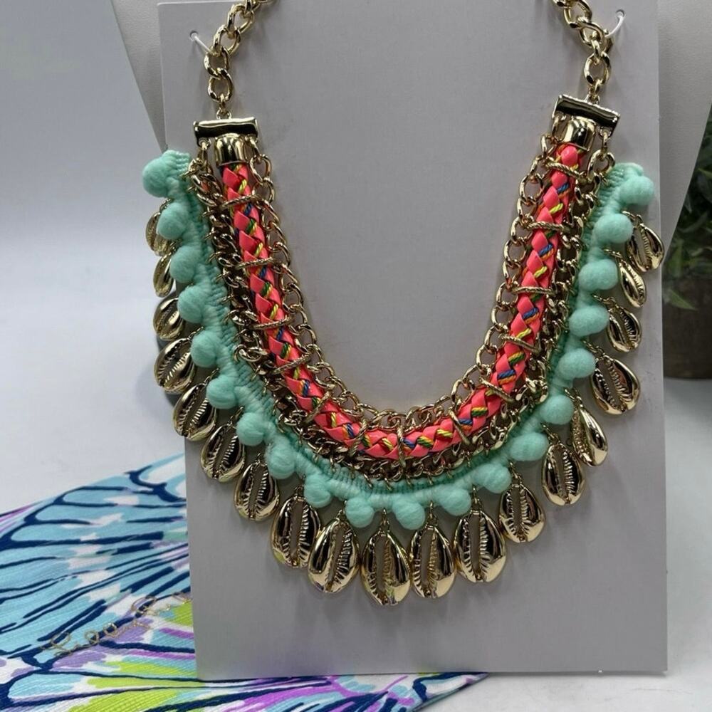 Lilly Pulitzer Sparkling Sands Gold Pink Turquoise Cowrie Shell Necklace New 68$